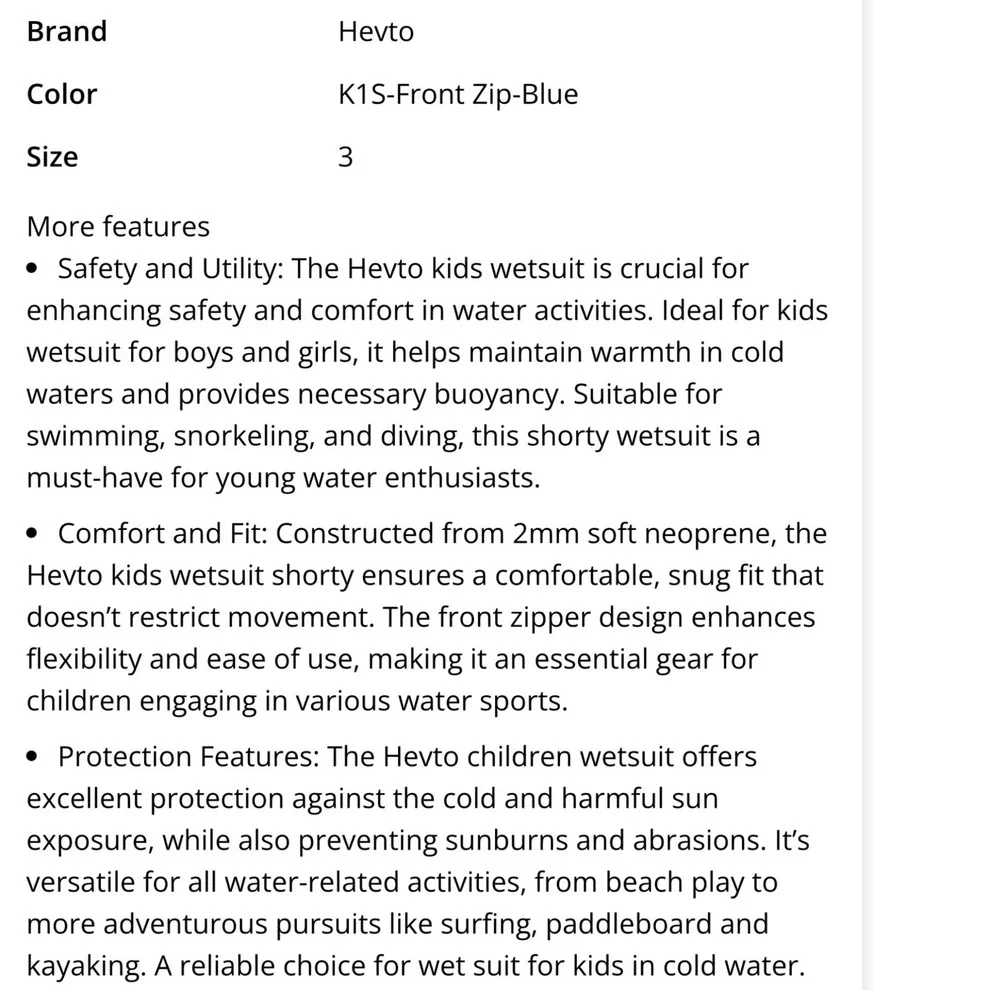 Hevto Kids Shorty Wetsuit Black‎ Blue 2mm Neoprene Front Zip Swim Suit Size 3